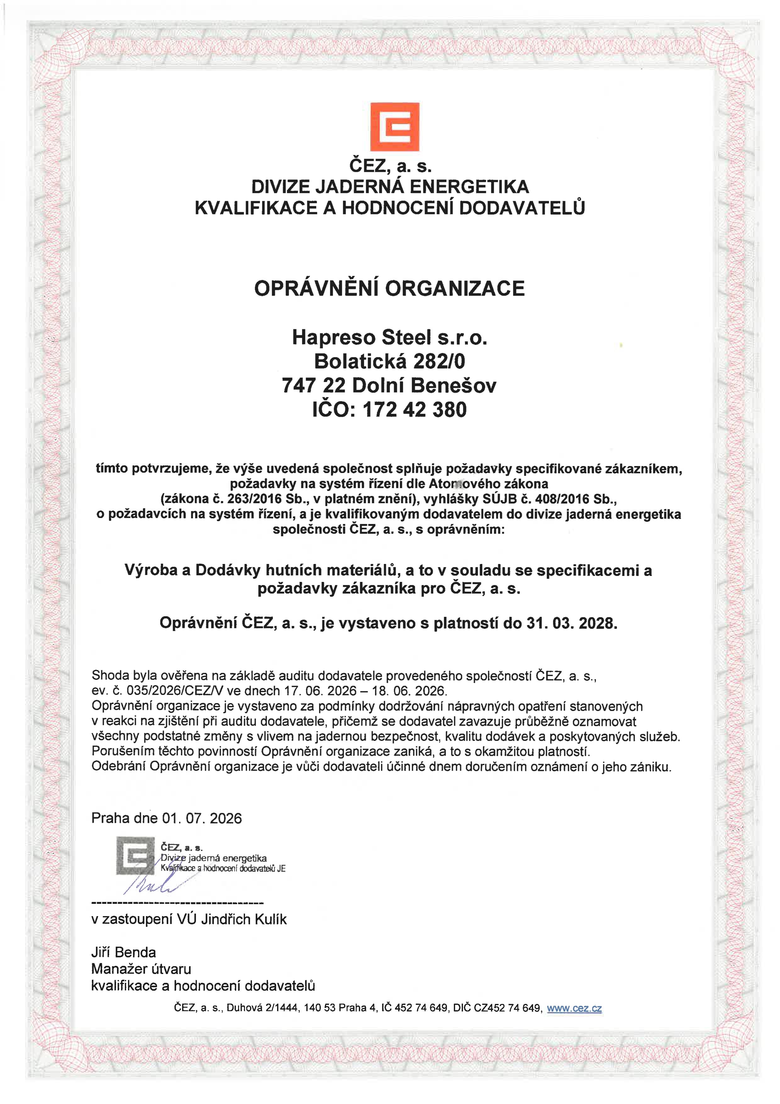 ČEZ certifikát